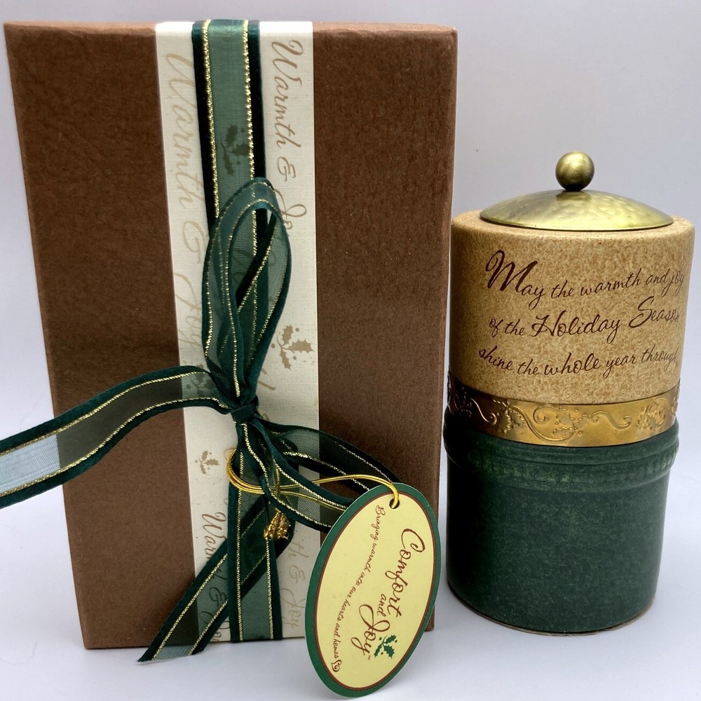 Comfort And Joy Tea Light Candle Holder With Lid Christmas Wish Gold/Green Metal